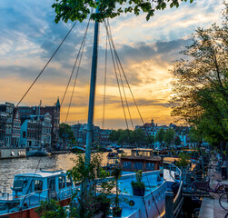 Yacht at Sunset in Amsterdam, The Netherlands