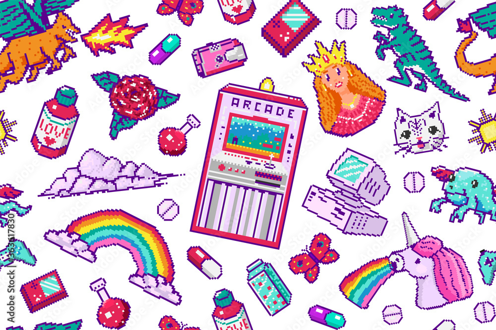 Poster pixel art 8 bit objects seamless pattern. retro digital game assets. set of pink fashion icons. vint