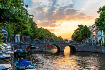 Sunset in Amsterdam, The Netherlands.