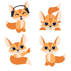Set of cute redhead little foxes. Cartoon characters listen to music, sit and play. Fluffy animal for children's books, baby shower card, other design for kids. Vector illustration in flat style