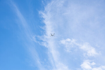 Airplane flying in blue sky