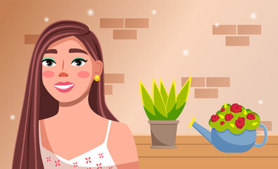 Young pretty girl with long hair is standing near a table with home plants in flower pots against a brick wall. Woman growing flowers. A bouquet of red flowers in a watering can and a pot of evergreen