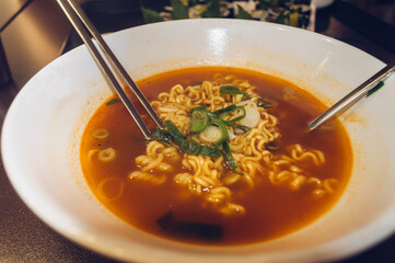 hot spicy ramen close up view