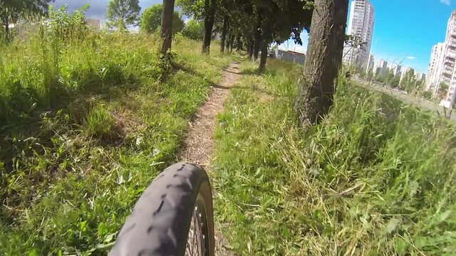 A cyclist rides at high speed through a park along a narrow path between trees and thick grass in sunny weather.