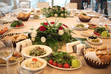 Festive table with food. Salads, fresh vegetables, bread, olives and more.