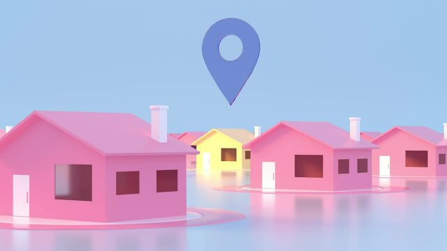 Close-up looping animation of a house with location marker. 3D Map of City with navigator pin locator. Navigation, travel and tourism planning concept. GPS pointer. Abstract concept navigation element
