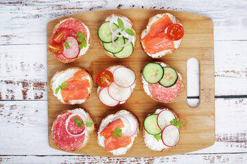 Top view on different sandwiches, flat lay	