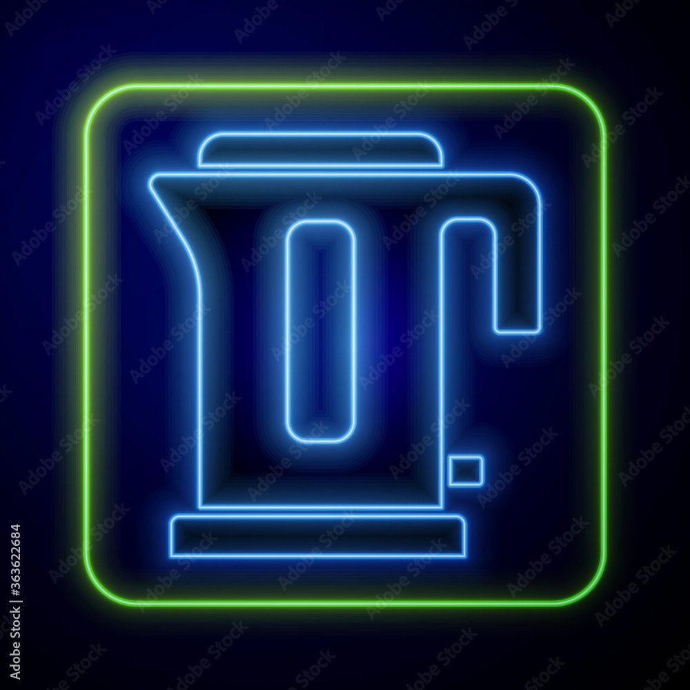 Sticker glowing neon electric kettle icon isolated on blue background. teapot icon. vector.