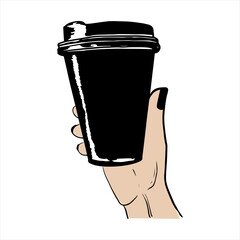 Coffee cup in hand, paper cup for hot drinks. Vector graphics. Graphic black and white drawing style.