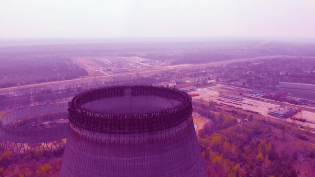 Chernobyl Nuclear Power Plant, Ukraine. Toned art video at violet color. Technogenic disaster in Chernobyl in 1986. Radioactive contaminated environment. Radioactive contaminated environment.