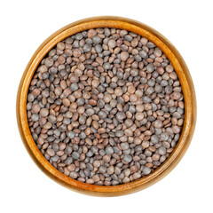 Unpeeled red lentils in wooden bowl. Dried seeds of Lens culinaris with their hulls, an edible legume, staple and a food crop. Closeup, from above, on white background, isolated macro food photo.
