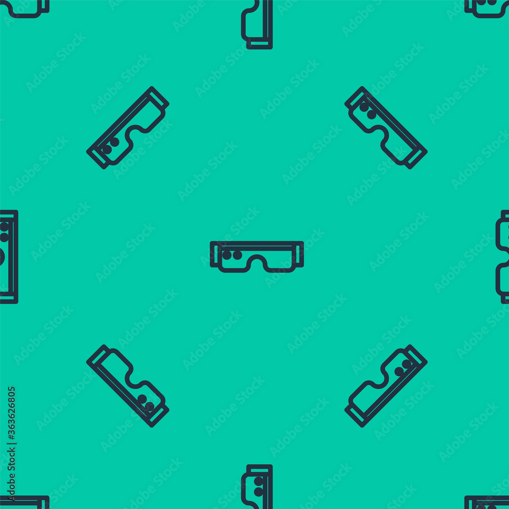 Poster blue line smart glasses mounted on spectacles icon isolated seamless pattern on green background. we