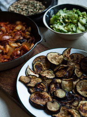 Traditional rustic food on plates and table