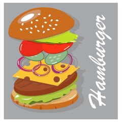 Cool best tasty hamburger. juicy burger components in weightlessness. build the perfect burger. vector illustration.