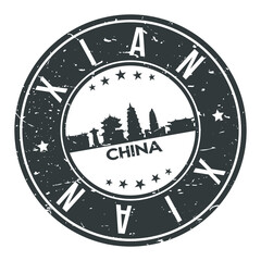 Xian China Round Stamp Icon Skyline City Badge.