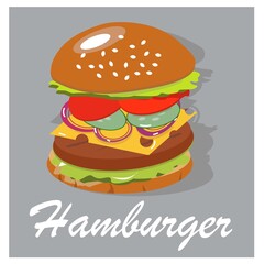 best tasty hamburger in a hot bun. juicy burger components. vector illustration.