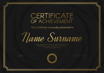 Certificate or diploma template with elegant black - golden design. Vector illustration.