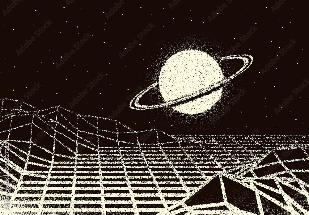 Poster retro dotwork landscape with 80s styled laser grid, planet and stars background from old sci-fi book