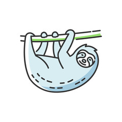 Sloth RGB color icon. South American arboreal animal. Cute herbivore wildlife, exotic fauna. Adorable sloth hanging on tree branch isolated vector illustration © IMG visuals icons