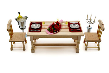 TABLE EQUIPPED WITH ROSES AND SILVER CUTLERY, CANDLESTICK AND WINE IN THE ICE. MINIATURE TABLE.