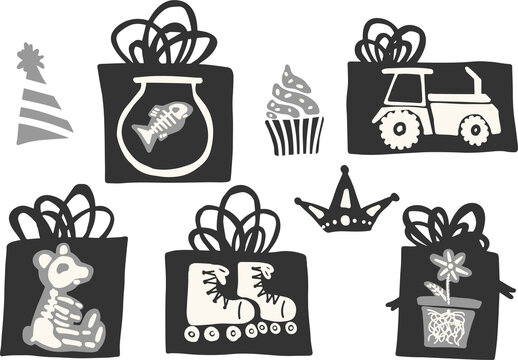 X-Ray party gifts vector clipart set hand drawn isolated on white background