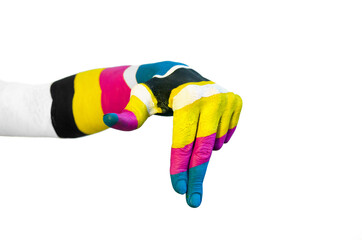 Creative painted hands with the CMYK color model. Conceptual idea of bold body art painting....