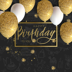 Happy birthday design. Golden glitter decoration, calligraphy on the doodle background. Vector illustration
