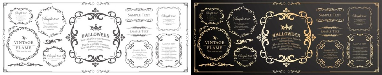 ハロウィンのフレーム素材、10月、アンティークな装飾、ビンテージな模様、植物のツタ