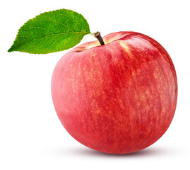 ripe red apple with a green leaf isolated on white