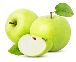 three green apple sliced isolated on a white background
