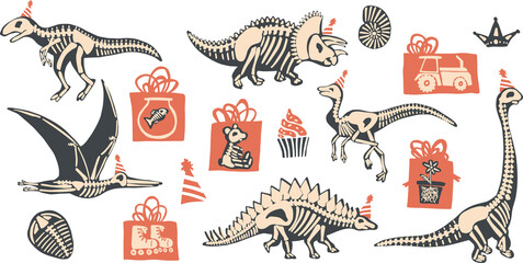 X-Ray Dino Skeleton Party, X-Ray gifts vector clipart set hand drawn illustrations