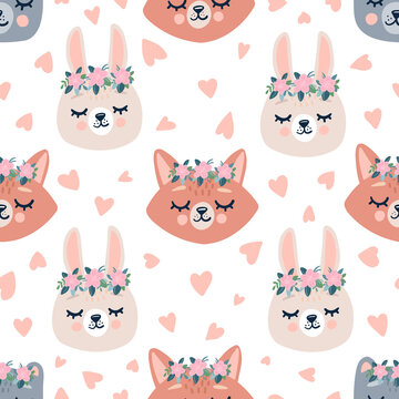 Cute seamless spring pattern with sleeping forest animals in wreaths. Hand drawn background with animal for children.
