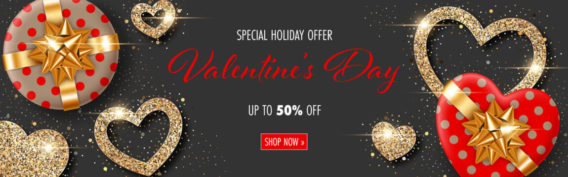 Valentines Day background with heart-shaped gift boxes and stylized hearts made of golden confetti. Greeting card, party invitation or sale banner template