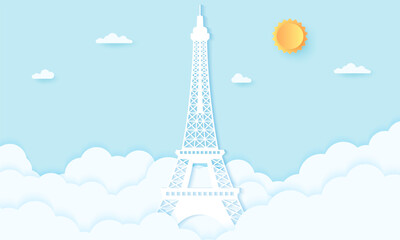 Naklejka na ściany i meble Eiffel tower with clouds, paper art style