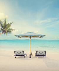 Beautiful tropical sunset scenery, two sun beds, White sand, sea view with horizon, colorful twilight sky, calmness and relaxation. Inspirational beach resort hotel landscapet,Vintage tone concept ,3d