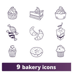 Bakery, pastry vector icons set. Croissant, cake, cupcake, muffin, donut, candy pictograms. Hand drawn linear style monochrome illustrations of sweets and bakery products isolated on white background.