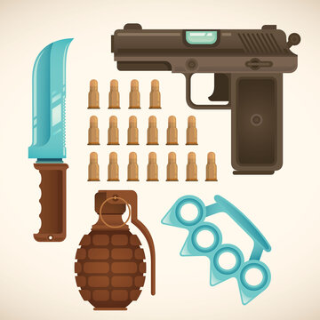 Set of various isolated weapons in cartoon style. Vector illustration.