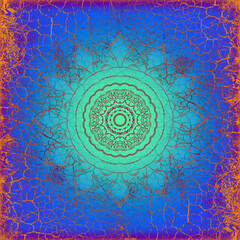 Hintergrund Oberfläche alte Farbe Risse blau Vintage Mandala Sonne indisch Maya alt Patina website Design orange türki Layout Patina rustikal antik edel leuchten schimmern glänzend Leder hell Strahlen