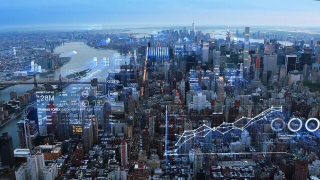 Financial charts and data in New York. Aerial view of midtown Manhattan. Holographic information. Futuristic city skyline. Virtual Reality