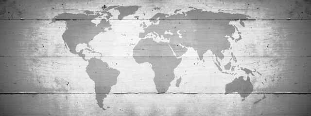 Vintage grunge Map of World isolated on rustic gray grey concrete wall background banner panoramic panorama wallpaper