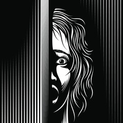 Scared Woman looks from the dark. Eyes, mouth are open with fear. Domestic violence against women, violation of women's rights. Vector black and white illustration in engraved retro noir comics style