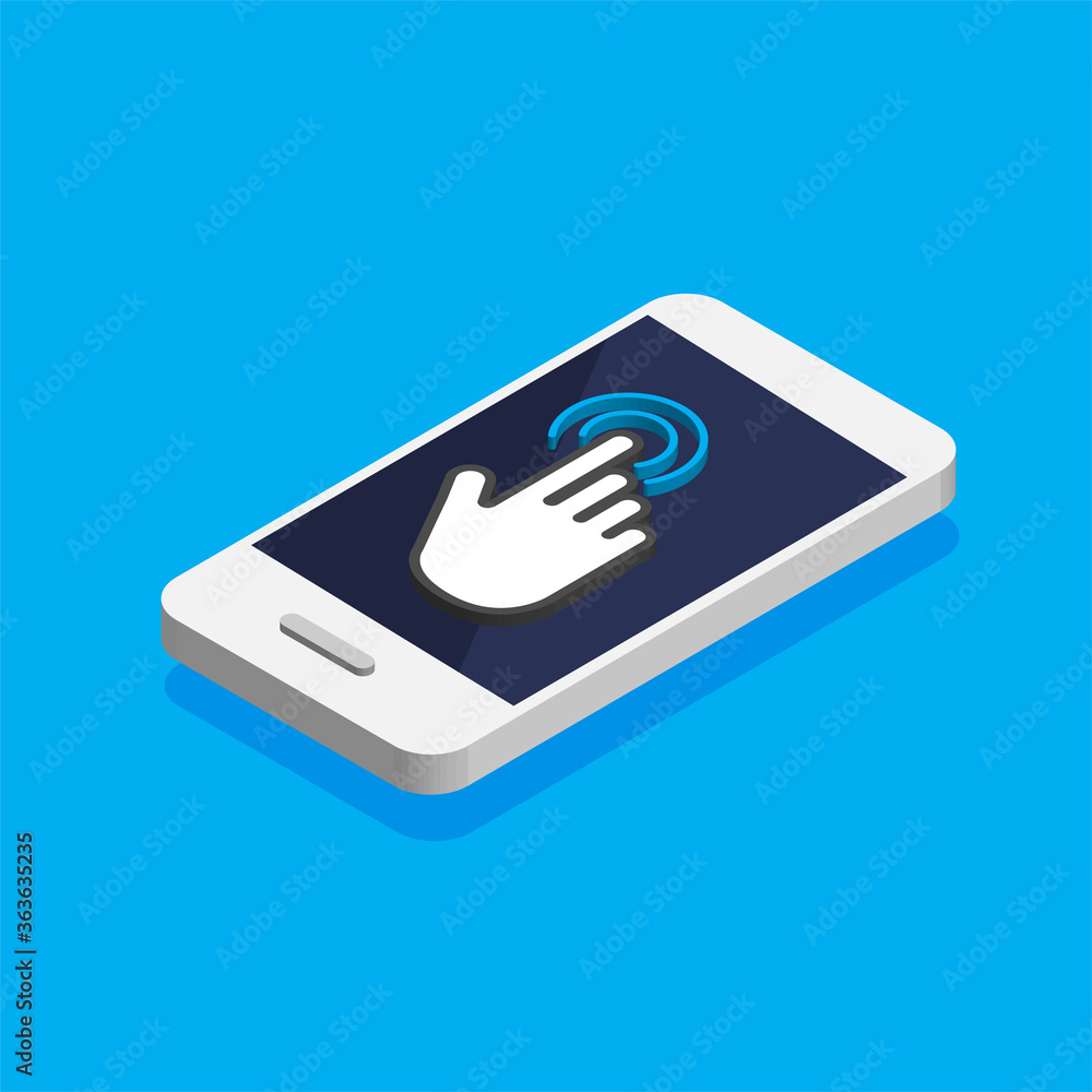 Aufkleber touch screen sensor on isometric smartphone. hand touch on phone. mobile phone click icon. vector il