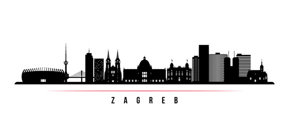 Zagreb skyline horizontal banner. Black and white silhouette of Zagreb, Croatia. Vector template for your design.