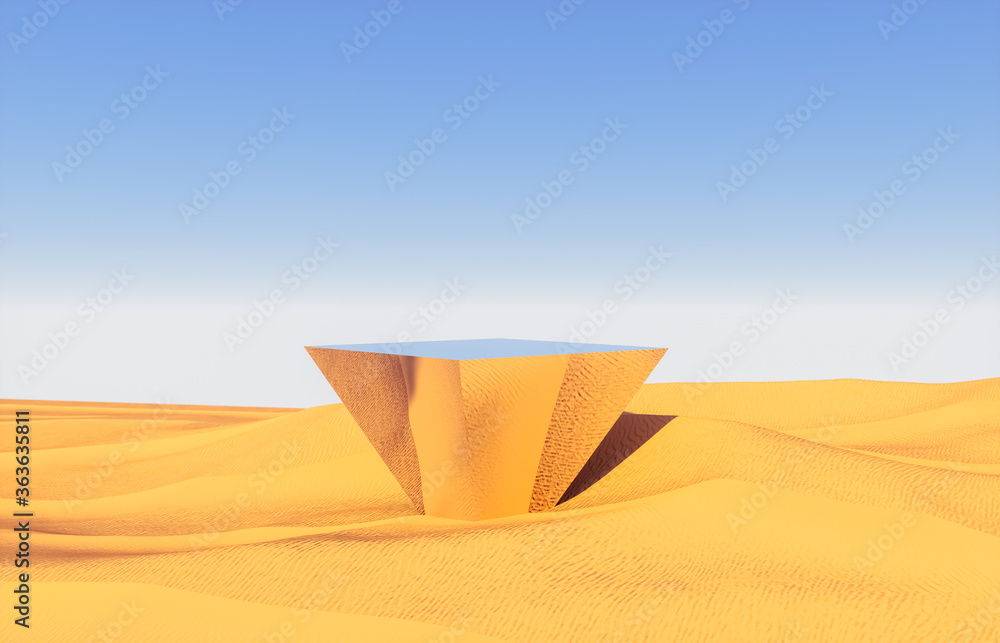 Poster abstract desert background with mirror podium backdrop. 3d render.