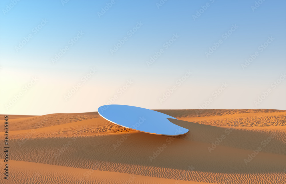 Poster abstract desert background with mirror podium backdrop. 3d render.