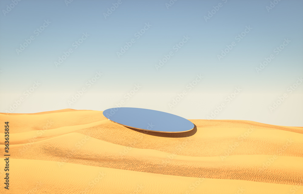 Poster abstract desert background with mirror podium backdrop. 3d render.