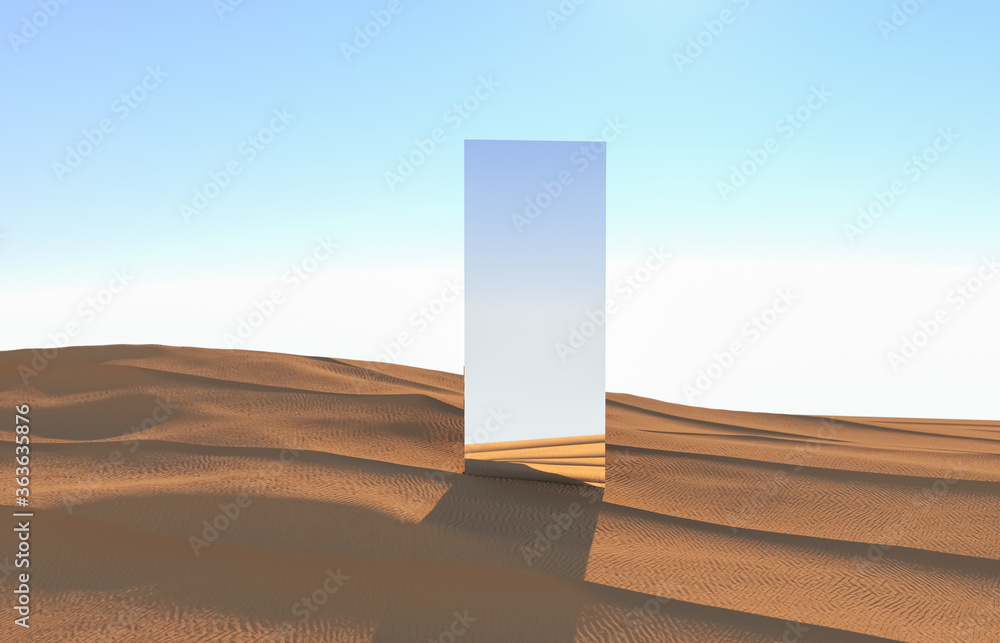 Poster abstract desert background with mirror podium backdrop. 3d render.