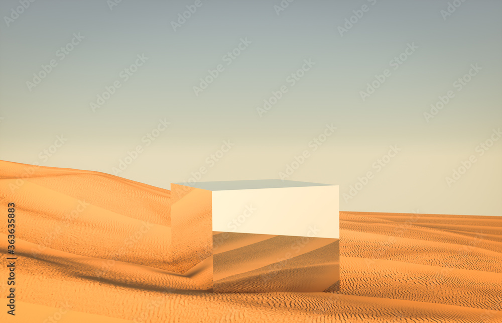 Poster abstract desert background with mirror podium backdrop. 3d render.