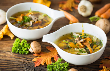 Fresh mushroom soup on wooden background 