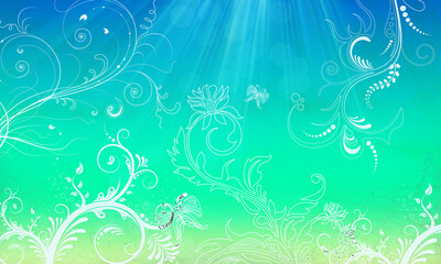 Fototapeta na wymiar Hintergrund Meer Karibik Reisen Ornament floral website Design türkis grün blau Layout leuchten schimmern hell maritim Symbol Sonnenstrahlen Meeresgrund Unterwasser Wasser Blumen Flora See Ozean